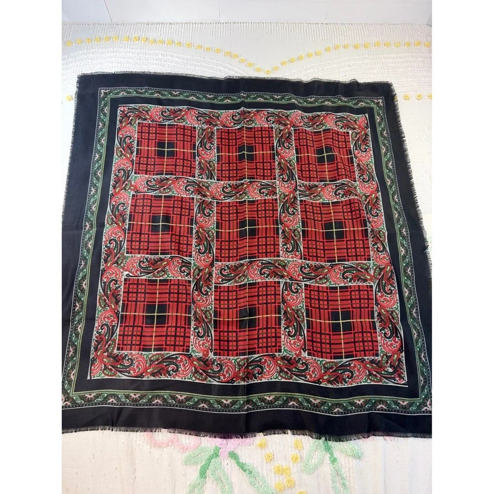 Vintage Made in Italy Plaid Paisley Square Scarf Red Black Fringed 32x32